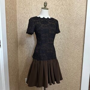 VTG 80s Retro Brown & Black Floral Lace Drop Waist Scalloped Evening Party Dress